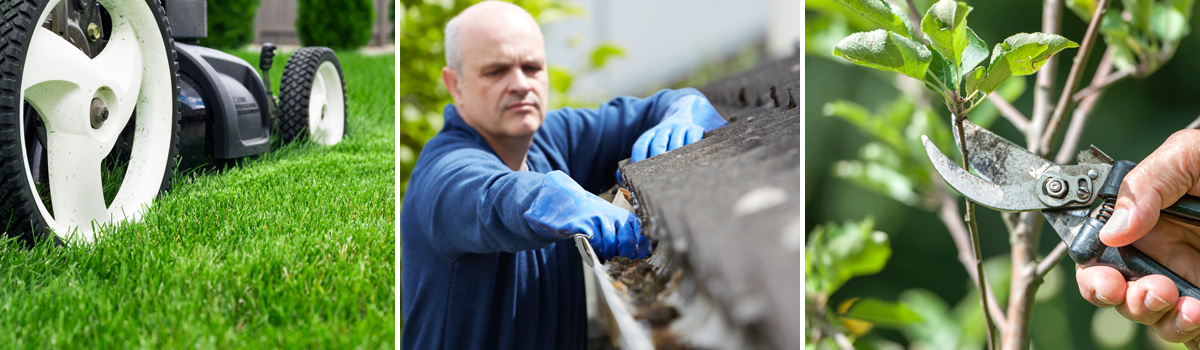 Some of the maintenance services offered by Johnston's Greenhouse: Lawn-mowing, gutter cleaning, trimming